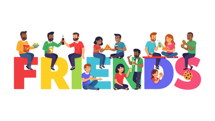 Fototapeta premium Joyful Friends Gathered: A vibrant illustration depicts a diverse group of friends enjoying snacks and drinks while sitting on large, colorful letters spelling FRIENDS.