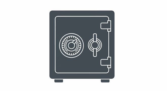 A dark gray, two-dimensional icon of a metal safe with a dial lock and handle