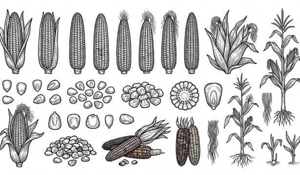 Hand drawn corn sketch vector illustration with detailed agricultural botanical elements