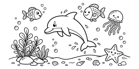 Ocean life coloring page dolphin fish jellyfish and starfish for kids and adults © MSTNASIMA