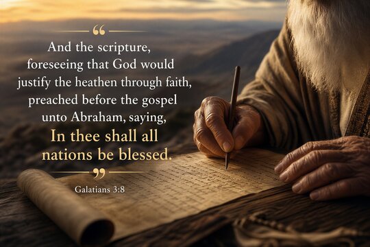 Galatians 3:8 English Biblical Scripture Quote on Abrahamic Covenant and Justification by Faith.