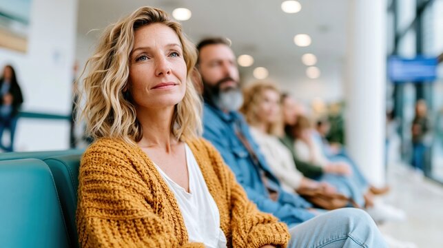 A woman with a thoughtful expression sitting in a modern waiting area, conveying feelings of anticipation and reflection while surrounded by a group of people.