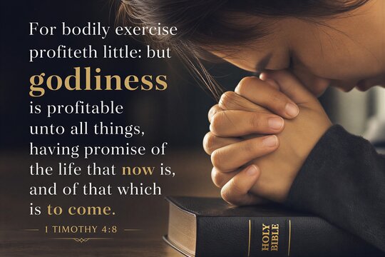 Godliness and Piety: A profound Scripture verse from Timothy emphasizing Eternity and Salvation through elegant Typography and Calligraphy.