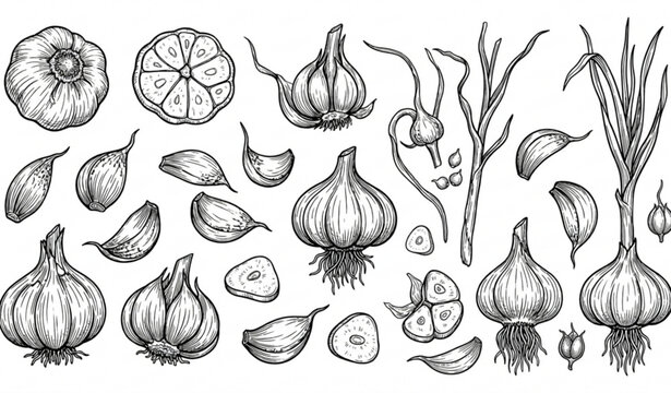 Garlic sketch illustration collection with hand drawn vector food drawings