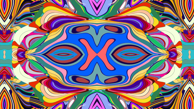Colorful abstract symmetrical pattern with vibrant swirling shapes
