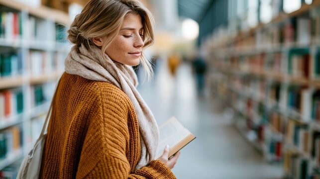 A serene young woman perusing a book in a modern library, basking in natural light, surrounded by shelves filled with books, evoking a sense of tranquility and knowledge.