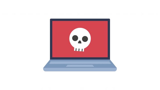Computer Virus Alert Animation with Skull Warning on Red Laptop Screen Cybersecurity Concept