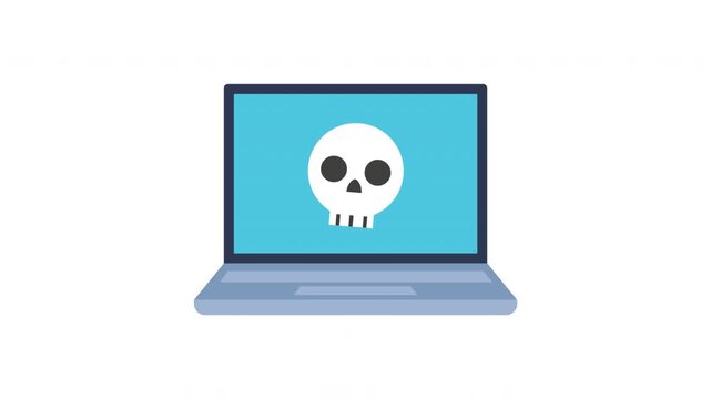 Cybersecurity Threat Animation with Skull Icon on Laptop Screen &ndash; Malware and Virus Alert Concept
