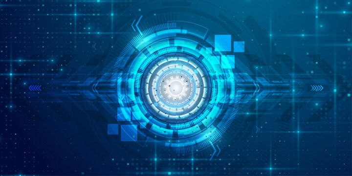 Digital eye concept with glowing blue concentric circles, squares and data streams on dark background.