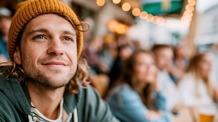 Obraz premium A cheerful young man with curly hair and a beanie smiles while enjoying coffee in a bustling café, embodying joy and community in a lively atmosphere.