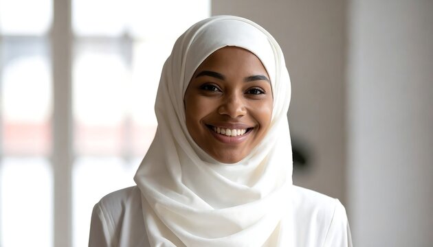 Smiling woman in white headscarf portrait of joy and contentment