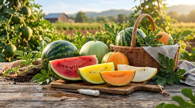 Fresh watermelon slices on a wooden table in a lush green field with a basket.