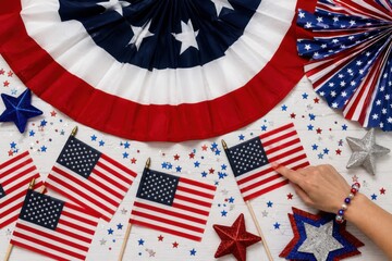 Obraz premium American flags and patriotic decorations on white wooden background for celebration