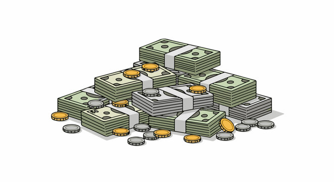 A pile of stacked cash and loose coins on a white background