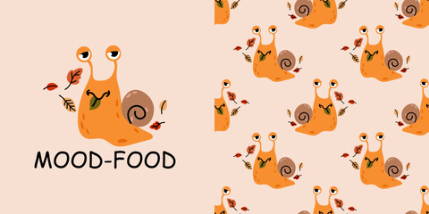 Funny snail character with autumn leaves and Mood food lettering. Seamless pattern design for autumn designs. © miss LEMON
