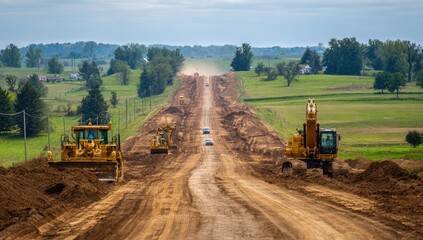 Naklejka premium Heavy machinery on a long, dusty dirt road construction project