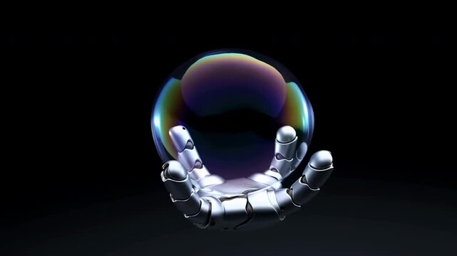 Metallic robotic hand holding iridescent sphere
