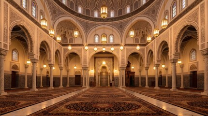 Obraz premium Interior view of a large mosque with intricate architecture and ornate decorations
