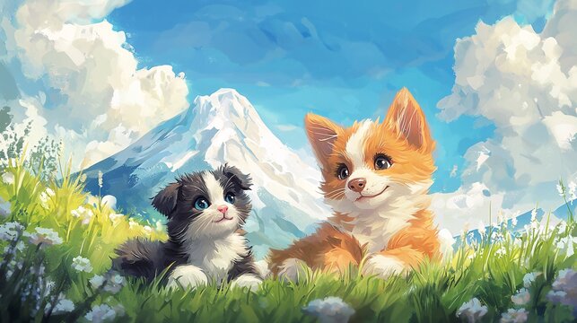 Cute puppy and snowy mountains