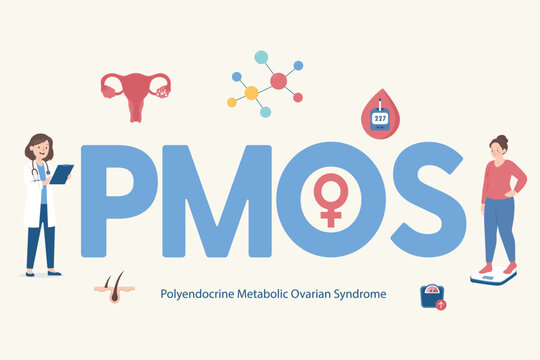 Simple flat vector medical concept illustration for Polyendocrine Metabolic Ovarian Syndrome with reproductive and metabolic health icons.