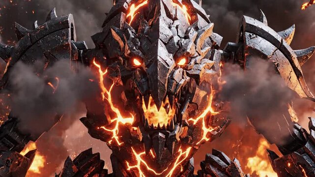 Monstrous armored fire golem amidst destruction and smoke