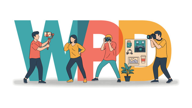 WPD Creators: Four individuals are depicted in front of a large, colorful WPD logo, each engaged in content creation activities with cameras and mobile devices, representing digital media production.
