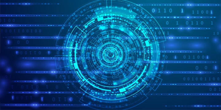Advanced digital technology background with binary code streams and glowing circular data processor interface.