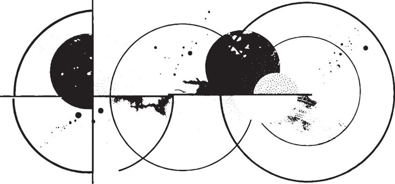 Modern abstract vector composition featuring intersecting circles and rough ink textures for a bold minimalist graphic design style in black and white color palette