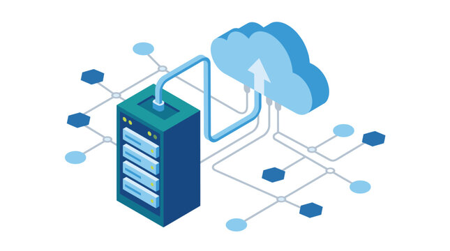 Cloud computing server network data storage and transfer illustration.