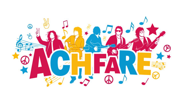 Music Festival Vibes: A vibrant graphic featuring the word ACHFARE surrounded by colorful musical notes, peace signs, and silhouette figures of musicians.