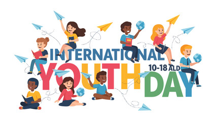 Fototapeta premium International Youth Day Celebration: A vibrant illustration depicting diverse children and teenagers celebrating International Youth Day, engaging in activities like reading.