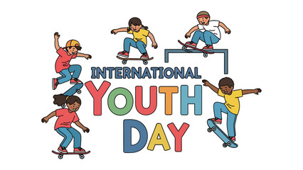 Fototapeta premium International Youth Day Celebration: Children of diverse backgrounds engage in skateboarding and extreme sports.