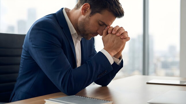 Stressed businessman sitting at office desk with clasped hands in deep thought