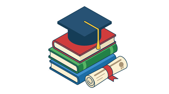 Graduation Cap On Stack Of Books With Diploma Scroll.