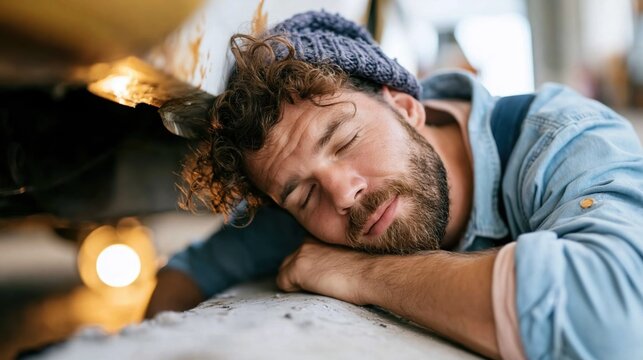 A tired man napping under a vehicle, embodying exhaustion yet comfort in a moment of respite, showcasing the human condition of weariness and the need for rest.