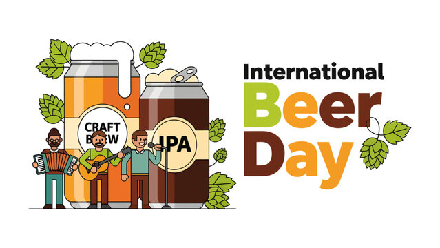 International Beer Day Celebration: A vibrant illustration depicting a lively celebration of International Beer Day, featuring a craft beer and IPA can, music, and hops.