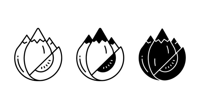 Minimalist Mountain and Melon Icons, Nature Landscape Logos, Organic Fruit Symbols, Vector Graphics Set