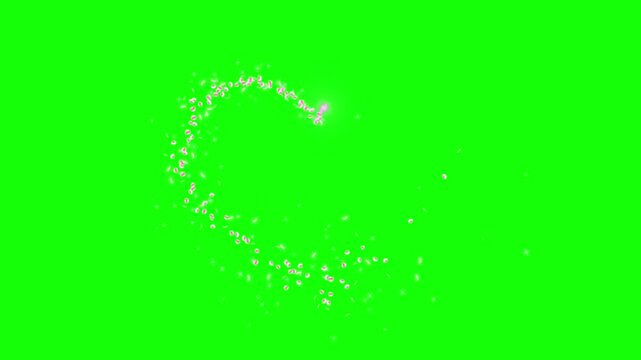 Sparkles forming a heart shape motion against a bright green background represent a magical overlay effect for romantic video editing projects that require a dynamic and festive visual element.