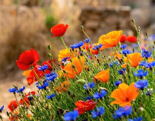 Naklejka premium Vibrant mix of red, orange, and blue wildflowers in a blurred natural setting
