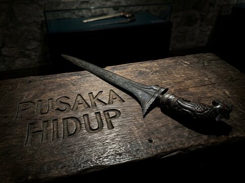 Close-up of a traditional Indonesian Keris dagger with a decorative carved hilt resting on a rustic wooden surface engraved with the words Pusaka Hidup in a dark museum exhibit.