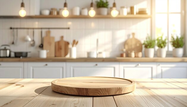 Warm, sunny kitchen empty wooden board foreground, blurred backdrop