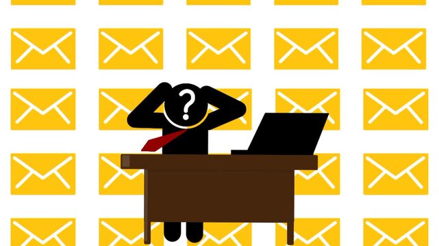 Exhausted businessman icon under pressure with vertical motion of emails. Overwhelmed and fatigued. Information overload stress scene.
