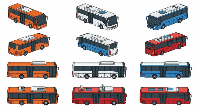 Collection of Isometric City Buses in Various Colors and Styles.