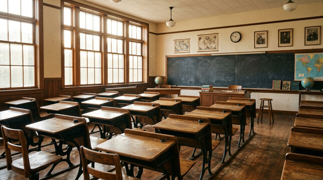 Vintage empty classroom with wooden desks