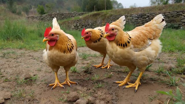 Outdoor free-range hen materials and pastoral free-range chickens foraging
