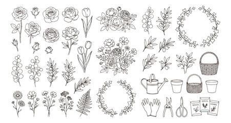 Hand drawn botanical line art collection, floral garden elements and gardening tools vector set, black and white wildflower sketches for wedding invitations © chasad