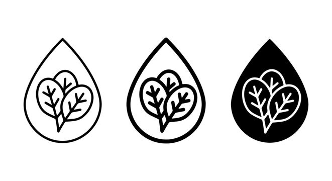 Leafy Greens Icons Set, Organic Food Drops, Healthy Ingredient Symbols, Fresh Produce Vector Graphics