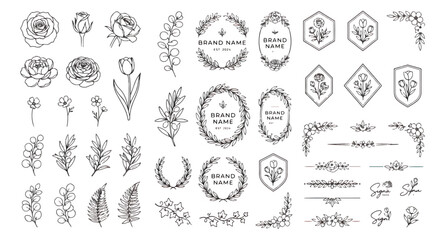 Fototapeta premium Minimalist botanical line art collection, hand drawn floral logo elements and wreaths, elegant black ink flower illustrations for wedding branding