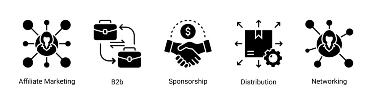Affiliate network icon set with sponsorship,distribution,and partnership icons for business collaboration and marketing growth projects.