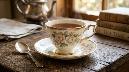 Fototapeta premium Luxury royal tea cup and saucer, gold embossed patterns, marble table surface, dramatic lighting, cinematic product photography, high detail reflections, premium aesthetic